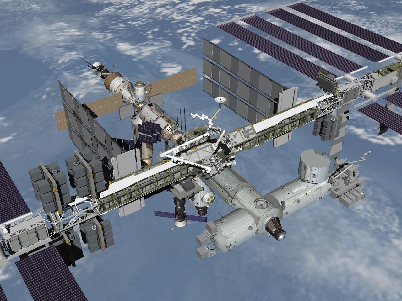 JSC2006-E-25649 (October 2006) --- Computer-generated scene showing a high-angle medium close view (starboard-forward) of the International Space Station, after assembly work is completed.