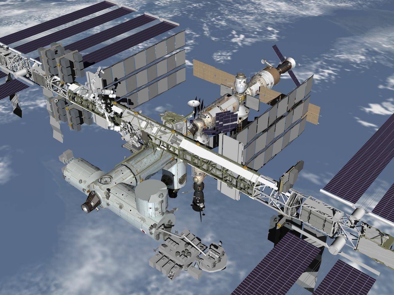 JSC2006-E-25650 (October 2006) --- Computer-generated scene showing a high-angle close view (port-forward) of the International Space Station, after assembly work is completed.