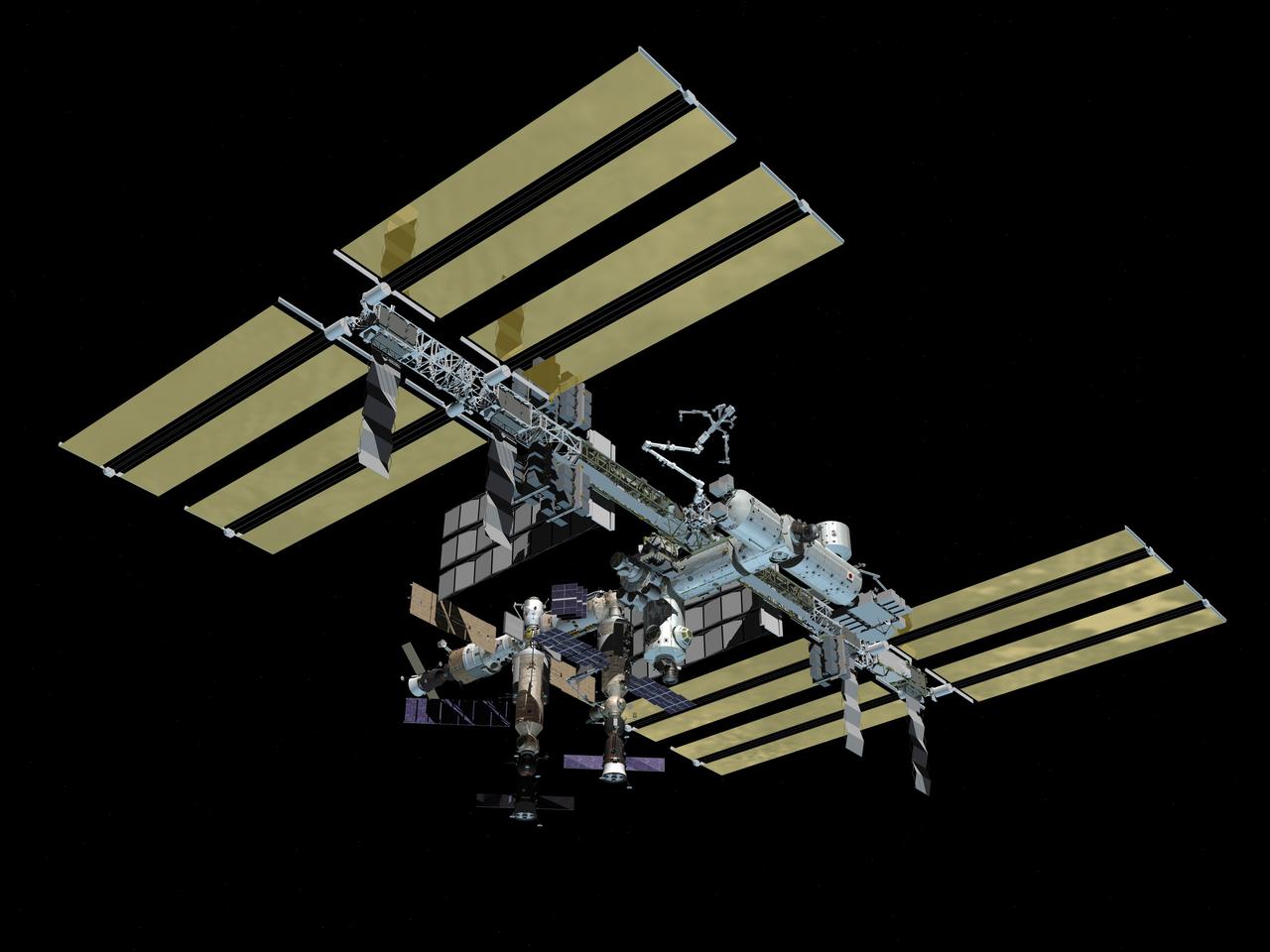 JSC2006-E-25653 (October 2006) --- Computer-generated scene showing a low-angle wide view (starboard-forward) of the International Space Station, after assembly work is completed.