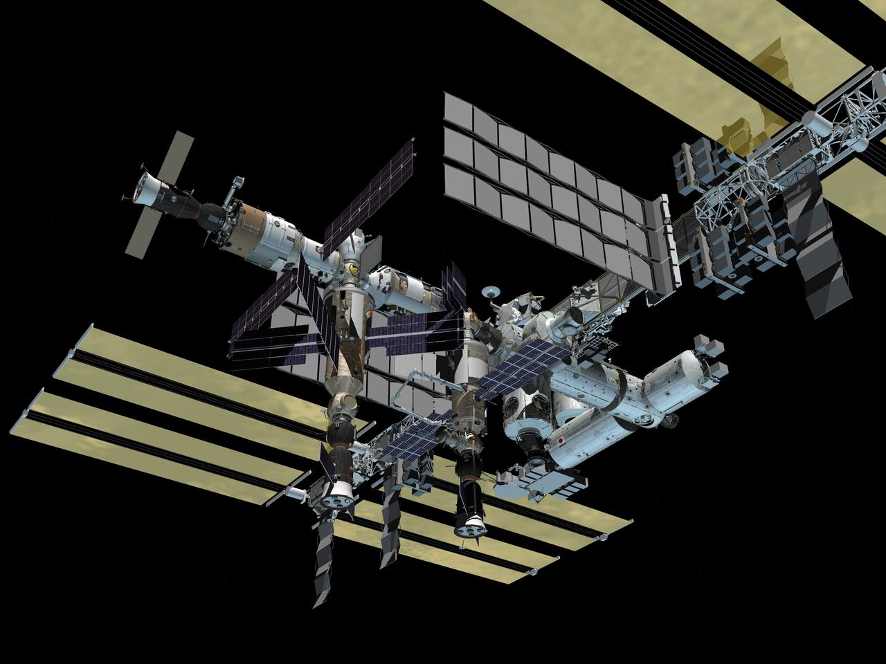 JSC2006-E-25659 (October 2006) --- Computer-generated scene showing a low-angle medium close view (starboard-aft) of the International Space Station, after assembly work is completed.