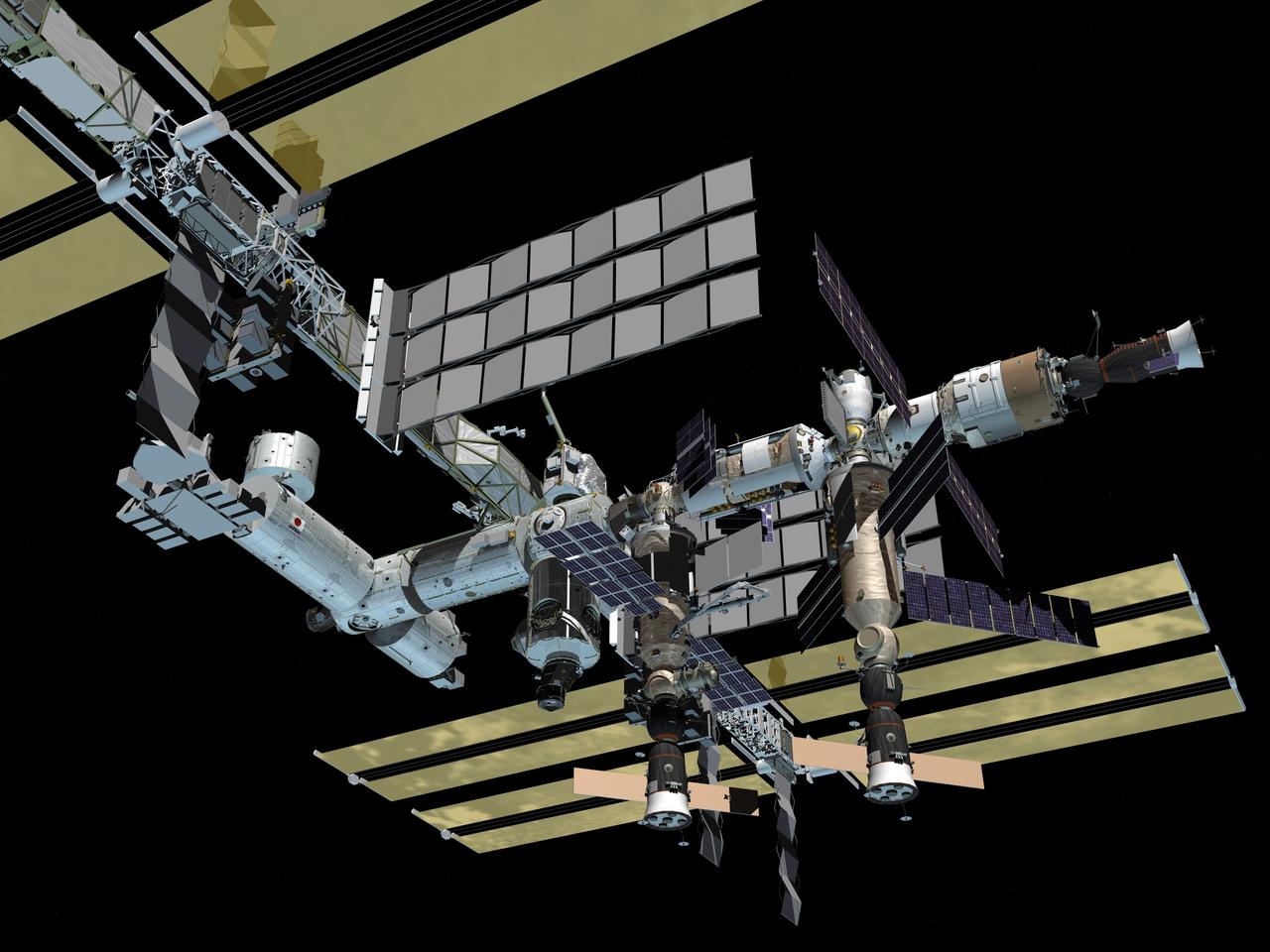 JSC2006-E-25660 (October 2006) --- Computer-generated scene showing a low-angle medium close view (port-aft) of the International Space Station, after assembly work is completed.