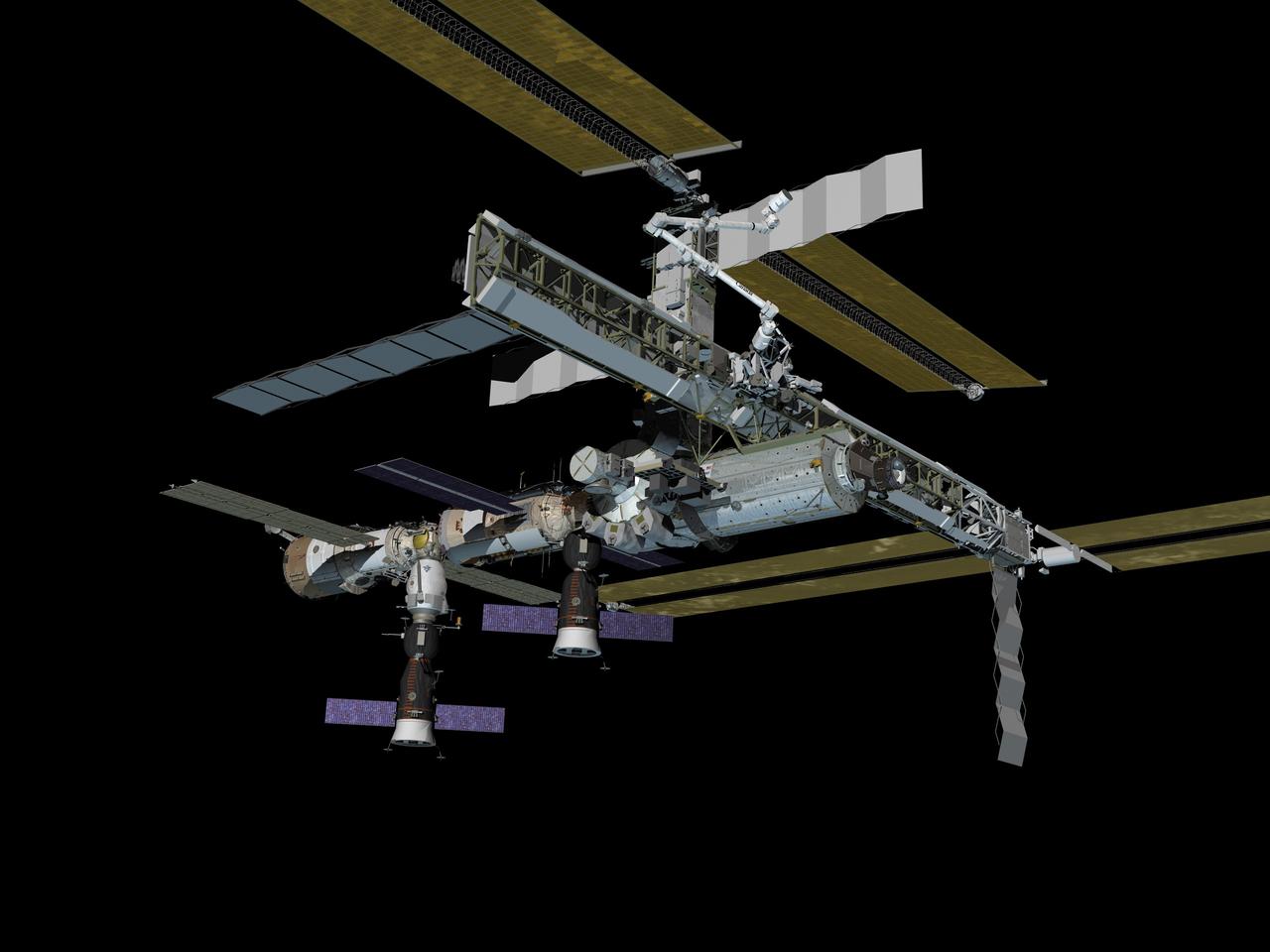JSC2006-E-40783 (September 2006) --- Computer-generated artist's rendering of the International Space Station following scheduled activities of Sept. 18, 2006. This angle shows the starboard side view of the orbiting complex. Progress 21 resupply vehicle undocks from the Zvezda Service Module, making way for the Soyuz 13 (TMA-9) spacecraft carrying the Expedition 14 crew. Progress 22 resupply vehicle remains docked to the Pirs Docking Compartment and Soyuz 12 (TMA-8) is docked to the Zarya Module nadir port.