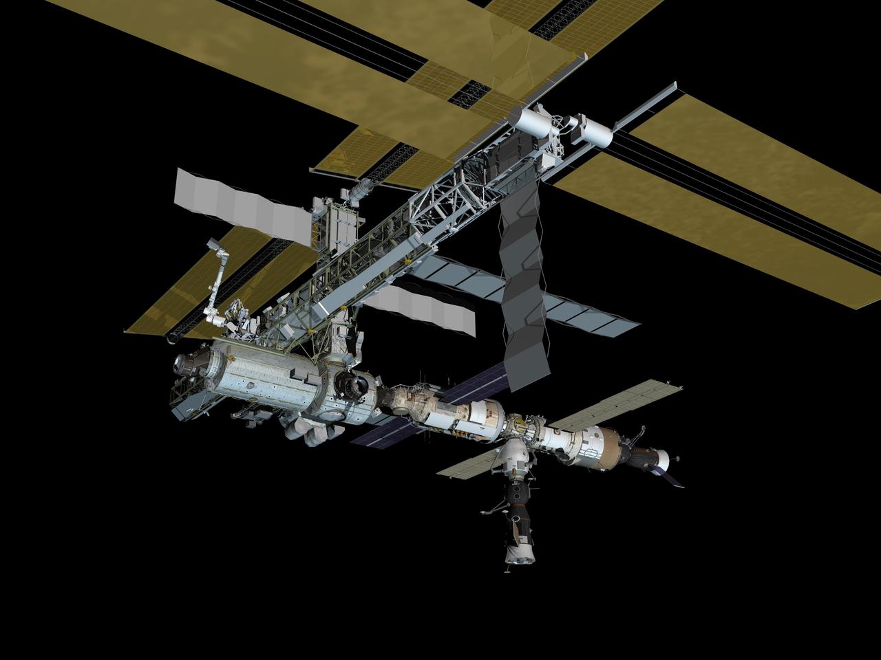 JSC2006-E-42992 (September 2006) --- Computer-generated artist's rendering of the International Space Station following scheduled activities of Sept. 29, 2006. This angle shows the port side view of the orbiting complex. Soyuz 12 (TMA-8) spacecraft undocks from the Zarya Module nadir port--returning the Expedition 13 crew and spaceflight participant to Earth. Soyuz 13 (TMA-9) is connected to the Zvezda Service Module aft port and Progress 22 resupply vehicle remains linked to the Pirs Docking Compartment.