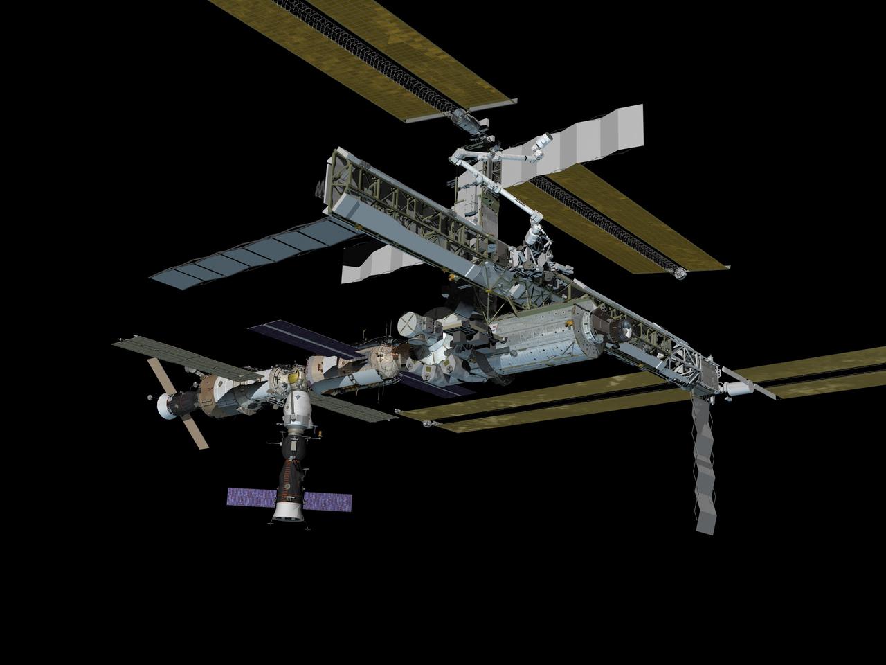 JSC2006-E-42993 (September 2006) --- Computer-generated artist's rendering of the International Space Station following scheduled activities of Sept. 29, 2006. This angle shows the starboard side view of the orbiting complex. Soyuz 12 (TMA-8) spacecraft undocks from the Zarya Module nadir port--returning the Expedition 13 crew and spaceflight participant to Earth. Soyuz 13 (TMA-9) is connected to the Zvezda Service Module aft port and Progress 22 resupply vehicle remains linked to the Pirs Docking Compartment.