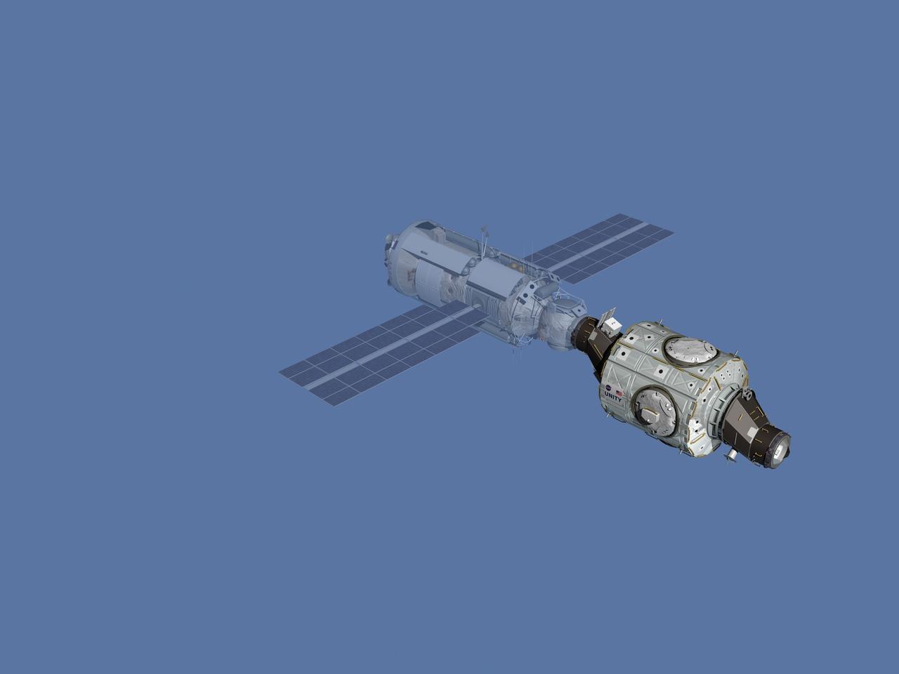 JSC2006-E-43477 (December 1998) --- Computer-generated artist's rendering of the International Space Station after flight STS-88/2A. Space Shuttle Endeavour delivered the Unity node with two pressurized mating adapters. The STS-88 crew captured Zarya and mated it with the Unity node.