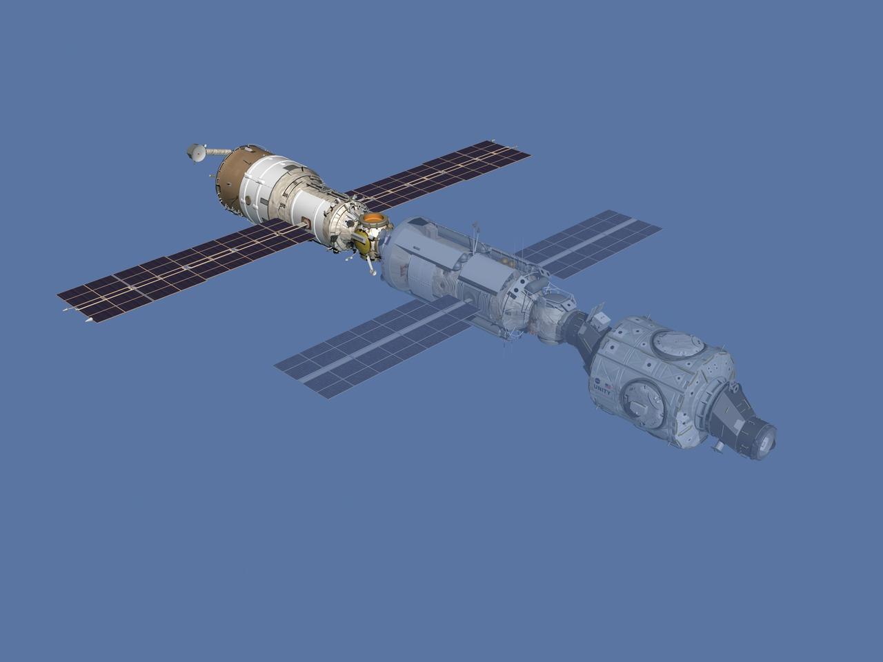 JSC2006-E-43480 (July 2000) --- Computer-generated artist's rendering of the International Space Station after flight 1R. The Zvezda Service Module launched atop a Russian Proton rocket and docked with the station two weeks later.