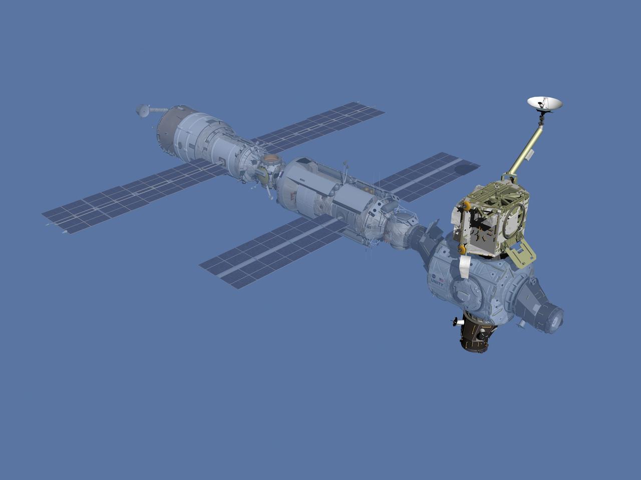 JSC2006-E-43482 (October 2000) --- Computer-generated artist's rendering of the International Space Station after flight STS-92/3A. Arriving aboard Space Shuttle Discovery, the STS-92 crew installed the Z1 truss, a third pressurized mating adapter and a Ku-band antenna.