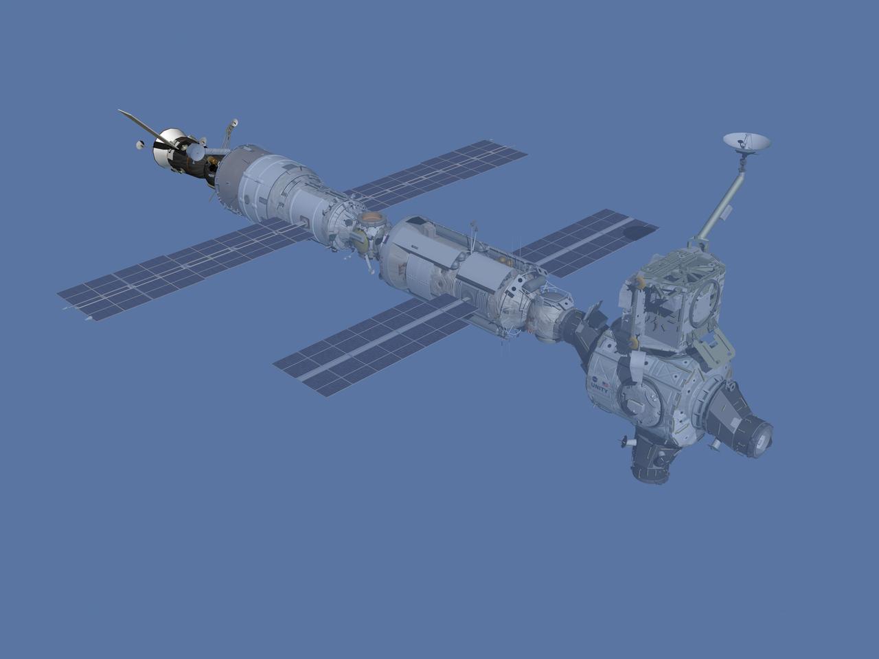 JSC2006-E-43483 (October 2000) --- Computer-generated artist's rendering of the International Space Station after flight 2R/1S. Expedition One, the first crew to live and work aboard the station arrived in a Soyuz spacecraft.