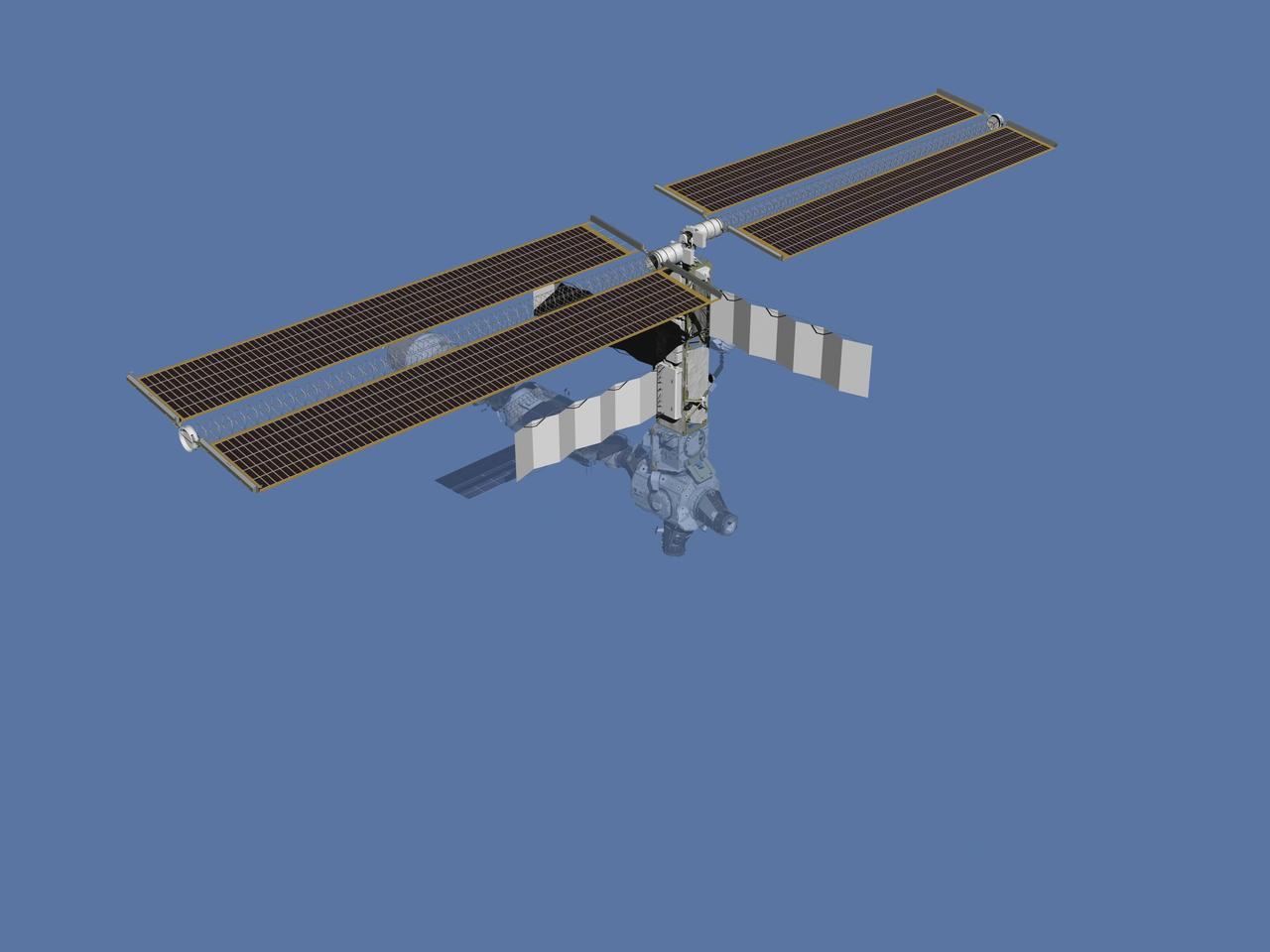 JSC2006-E-43484 (November 2000) --- Computer-generated artist's rendering of the International Space Station after flight STS-97/4A. The STS-97 crew delivered and installed the P6 truss, which support the first U.S. solar arrays.
