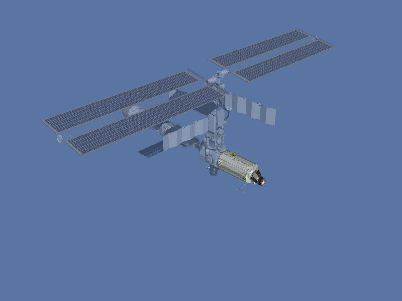 JSC2006-E-43485 (February 2001) --- Computer-generated artist's rendering of the International Space Station after flight STS-98/5A. The STS-98 crew installed the new Destiny laboratory module after removing it from Space Shuttle Atlantis payload bay. Pressurized Mating Adapter-2 (PMA-2) is relocated to the front of Destiny.
