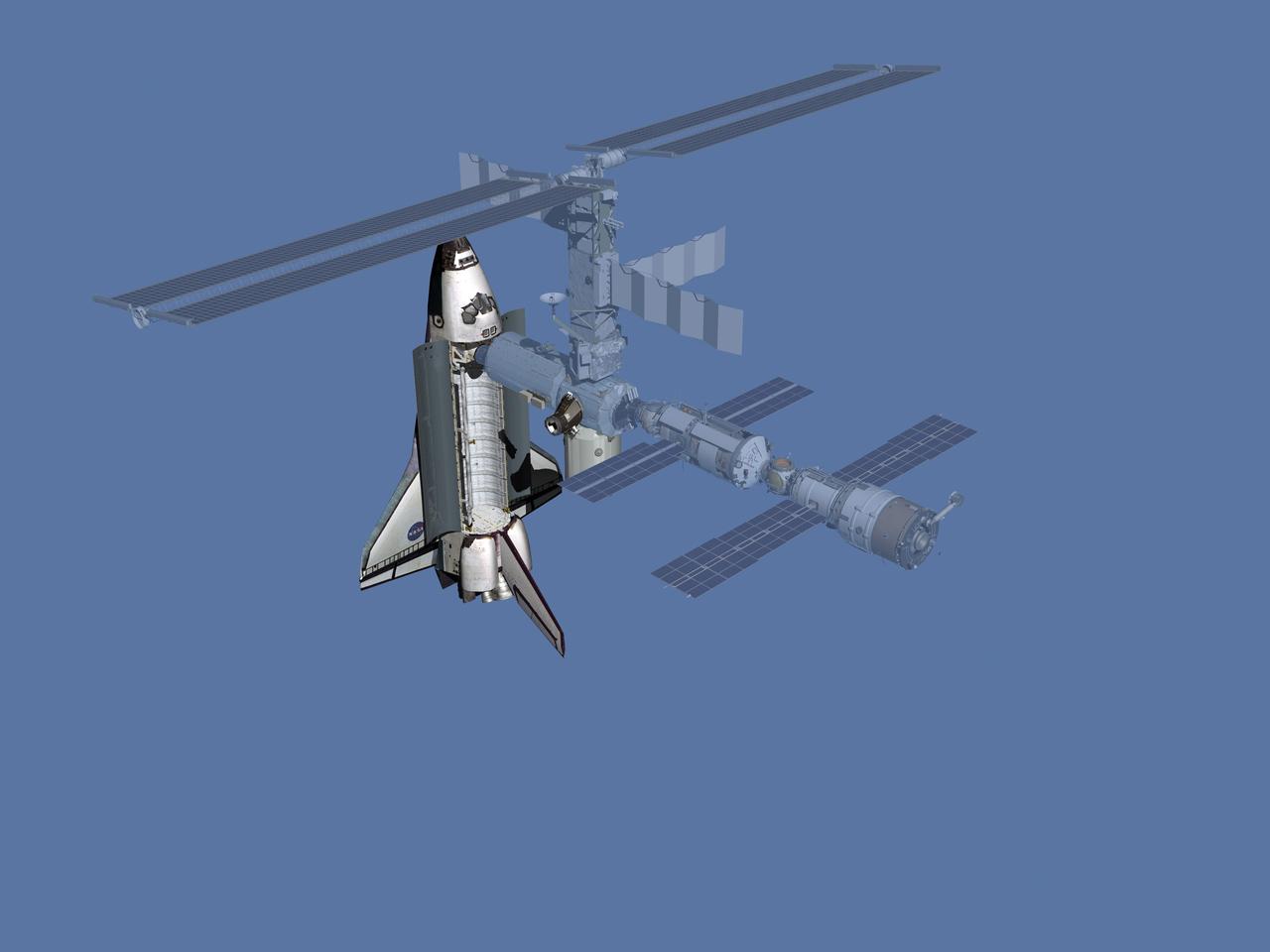 JSC2006-E-43486 (March 2001) --- Computer-generated artist's rendering of the International Space Station after flight STS-102/5A.1. Space Shuttle Discovery re-supplied the station with cargo from the Italian-built Leonardo Multi-Purpose Logistics Module (MPLM). The shuttle also arrived with the Expedition Two crew and returned with the Expedition One crew. The Pressurized Mating Adapter-3 (PMA-3) was relocated to the port side of the Unity node and the External Stowage Platform-1 was installed on the Destiny laboratory.