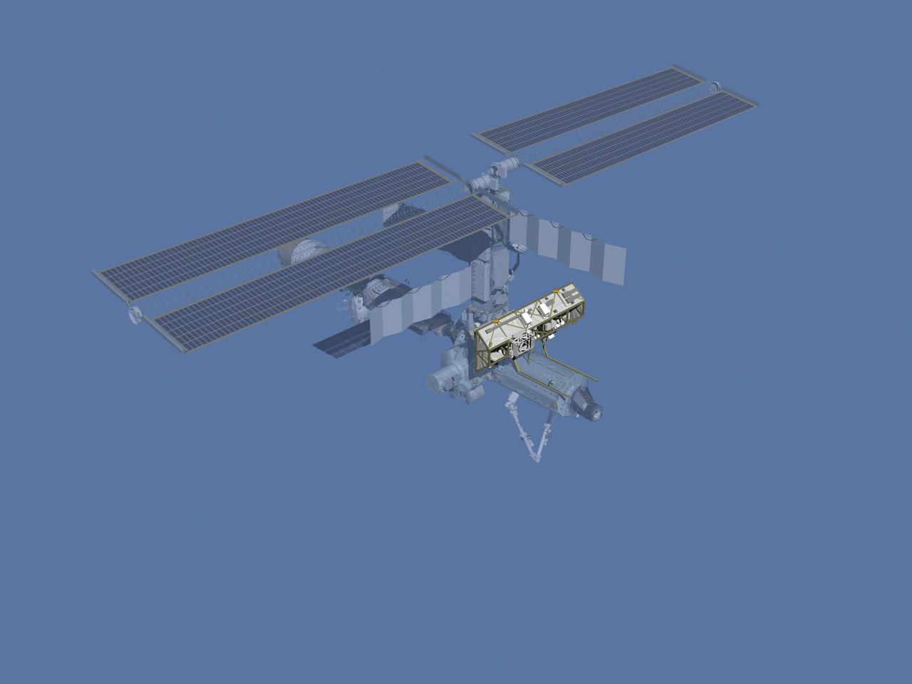 JSC2006-E-43492 (April 2002) --- Computer-generated artist's rendering of the International Space Station after flight STS-110/8A. Space Shuttle Atlantis delivered the S0 truss and the Mobile Transporter; installed by the STS-110 crew. The Mobile Transporter gives extra mobility to the Space Station Remote Manipulator System (SSRMS) or Canadarm2.