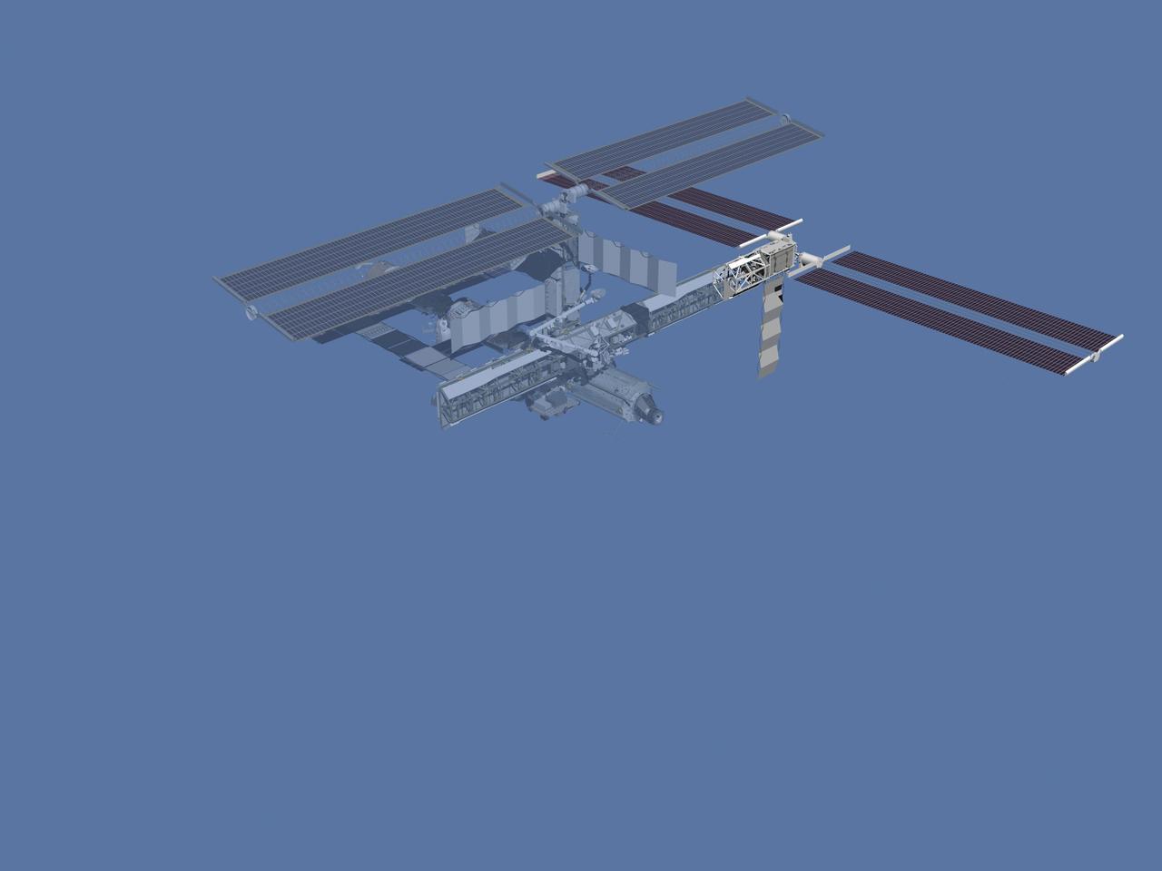 JSC2006-E-43498 (September 2006) --- Computer-generated artist's rendering of the International Space Station after flight STS-115/12A. Space Shuttle Atlantis crew delivers and installs the second port truss segment P3/P4. The second set of solar arrays is deployed.