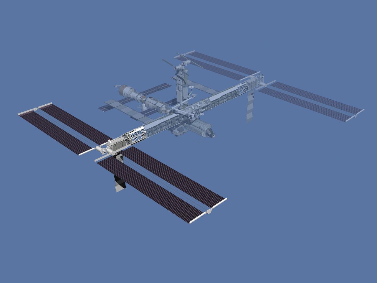 JSC2006-E-43500 (October 2006) --- Computer-generated artist's rendering of the International Space Station after flight STS-117/13A. Second starboard truss segment (S3/S4) is delivered and installed. The third set of solar arrays is deployed. P6 starboard solar array wing and one radiator are retracted.