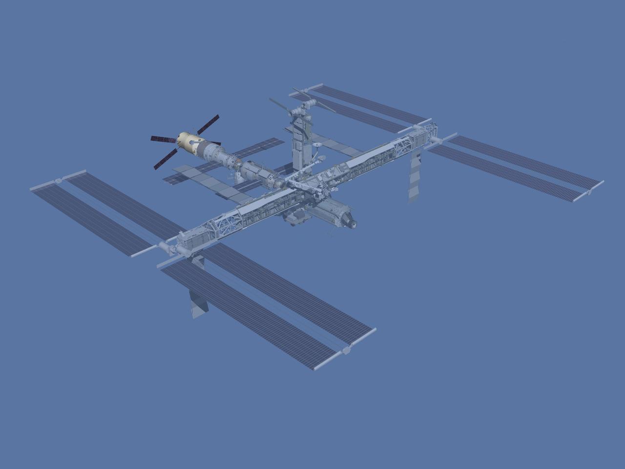 JSC2006-E-43501 (October 2006) --- Computer-generated artist's rendering of the International Space Station after flight ATV1. Ariane 5 Rocket delivers a European Automated Transfer Vehicle, which docks to the Zvezda Service Module.