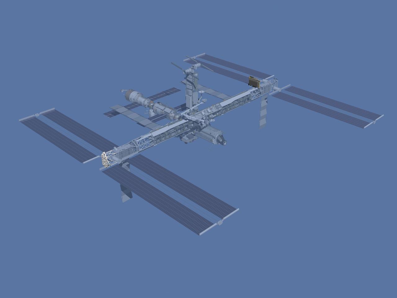 JSC2006-E-43502 (October 2006) --- Computer-generated artist's rendering of the International Space Station after flight STS-118/13A.1. Third starboard truss segment (S5) is delivered and installed. External Stowage Platform 3 (ESP3) is installed on top of the P3 truss segment. Pressurized Mating Adapter-3 (PMA-3) moves to Unity node nadir port.