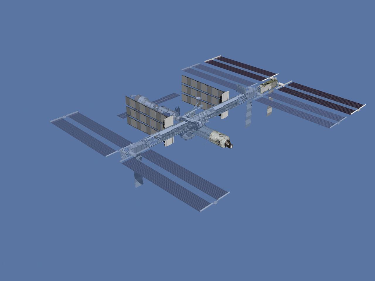 JSC2006-E-43503 (October 2006) ---Computer-generated artist's rendering of the International Space Station after the connecting node (Node 2) is relocated from the Unity node port side to the forward port of the Destiny Laboratory.