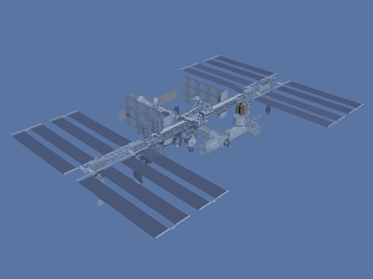 JSC2006-E-43517 (October 2006) --- Computer-generated artist's rendering of the International Space Station after flight ULF5.  U.S. Orbiter delivers EXPRESS Logistics Carrier-5 (ELC-5). Pirs Docking Compartment moves to zenith (top) port of Zvezda Service Module.