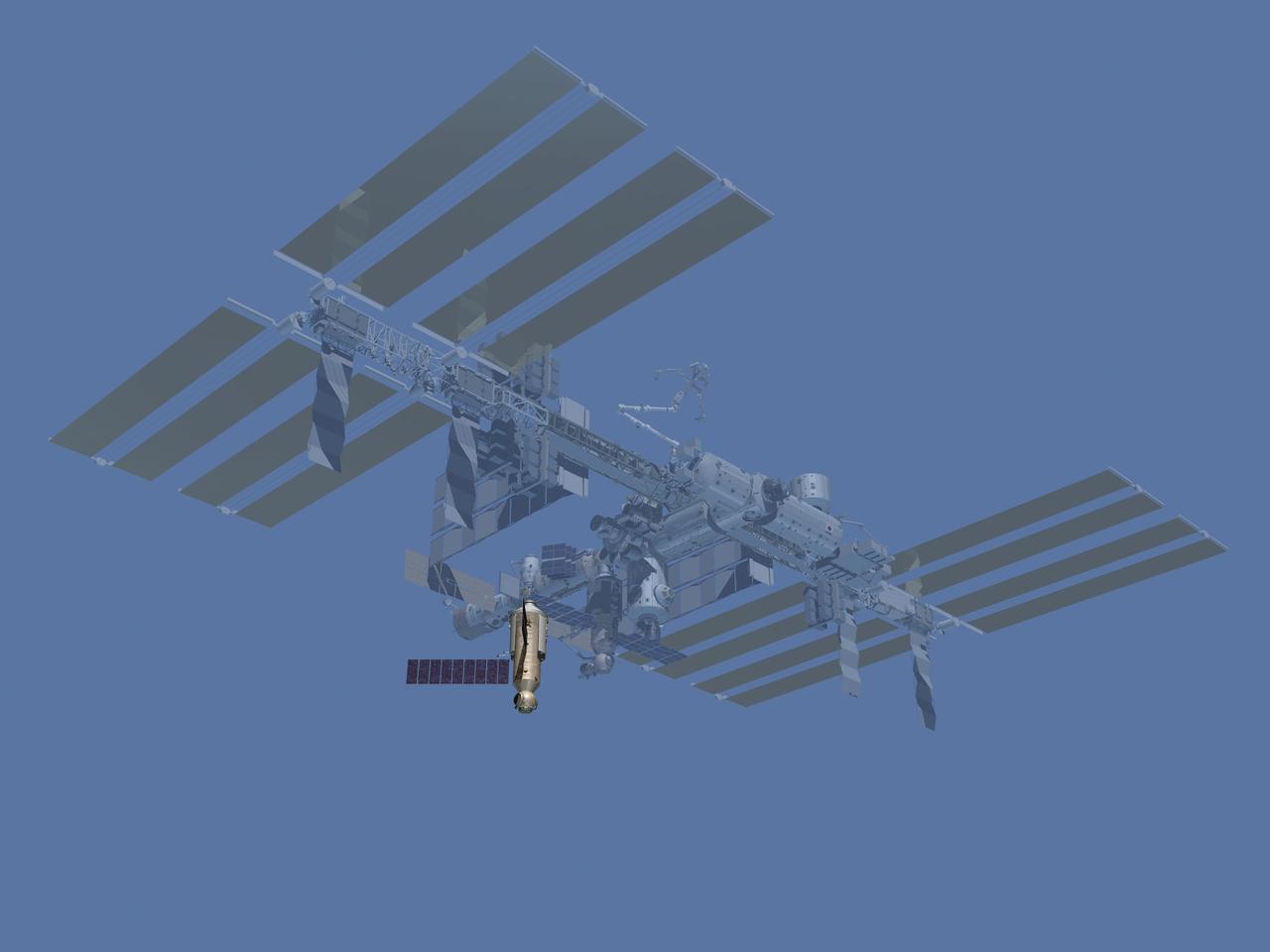 JSC2006-E-43518 (October 2006) --- Computer-generated artist's rendering of the International Space Station after flight 9R. Russian Proton rocket delivers Research Module which docks to Zvezda Service Module nadir port.