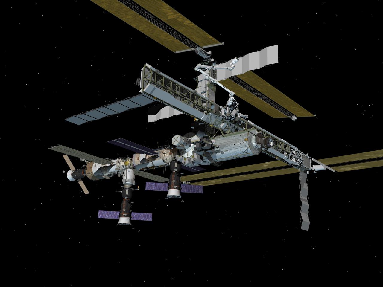 JSC2006-E-45449 (October 2006) --- Computer-generated artist's rendering of the International Space Station following scheduled activities of Oct. 26, 2006. This angle shows the starboard side of the orbiting complex. Progress 23 resupply vehicle docks to the Zvezda Service Module aft port. Soyuz 13 (TMA-9) is connected to Zarya Module nadir port and Progress 22 resupply vehicle remains linked to the Pirs Docking Compartment.