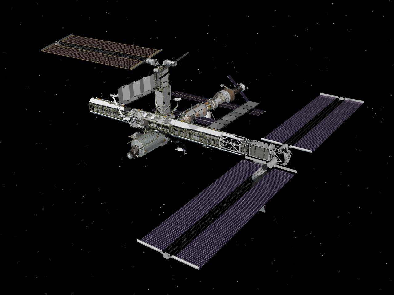 JSC2006-E-54696 (December 2006) --- Computer-generated artist's rendering of the International Space Station following scheduled activities of the STS-116/12A.1 mission. Space Shuttle Discovery departed from the station on Dec. 19, 2006. This angle shows the port side of the orbiting complex. The P5 Integrated Truss Segment is added and the P6 port solar array wing is retracted. Progress 23 resupply vehicle is docked to the Zvezda Service Module aft port. Soyuz 13 (TMA-9) is connected to the Zarya Module nadir port and Progress 22 resupply vehicle remains linked to the Pirs Docking Compartment.
