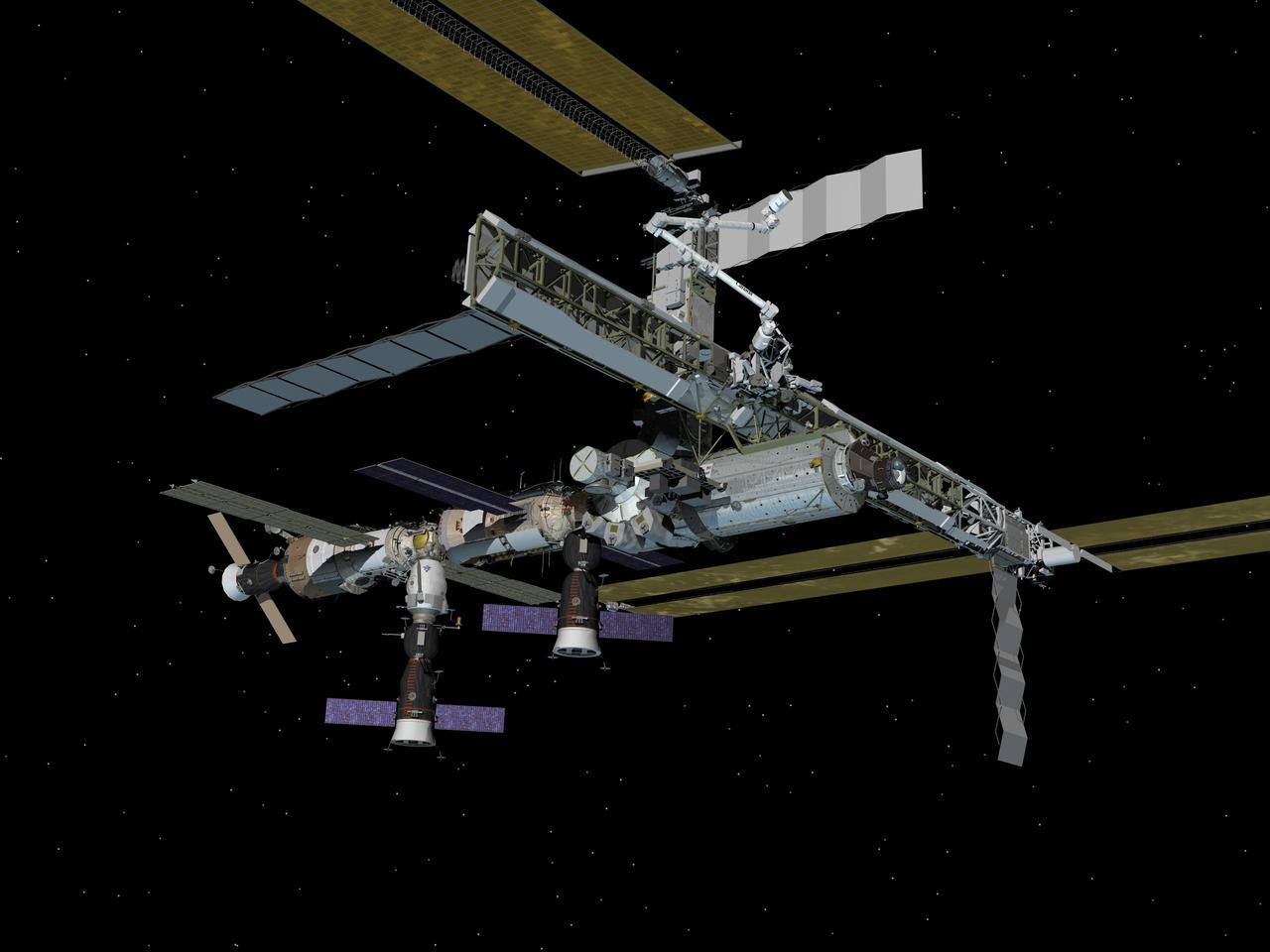 JSC2006-E-54697 (December 2006) --- Computer-generated artist's rendering of the International Space Station following scheduled activities of the STS-116/12A.1 mission. Space Shuttle Discovery departed from the station on Dec. 19, 2006. This angle shows the starboard side of the orbiting complex. The P5 Integrated Truss Segment is added and the P6 port solar array wing is retracted. Progress 23 resupply vehicle is docked to the Zvezda Service Module aft port. Soyuz 13 (TMA-9) is connected to the Zarya Module nadir port and Progress 22 resupply vehicle remains linked to the Pirs Docking Compartment.