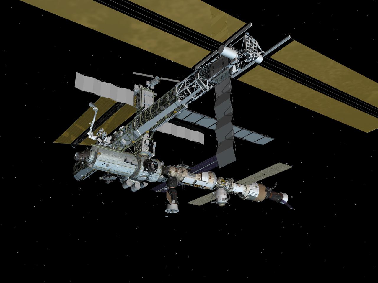 JSC2007-E-02930 (January 2007) --- Computer-generated artist's rendering of the International Space Station following scheduled activities of Jan. 16, 2007. This angle shows the port side of the orbiting complex. Progress 22 resupply vehicle undocks from the Pirs Docking Compartment. Progress 23 remains connected to the Zvezda Service Module aft port and Soyuz 13 (TMA-9) remains linked to the Zarya Module nadir port.
