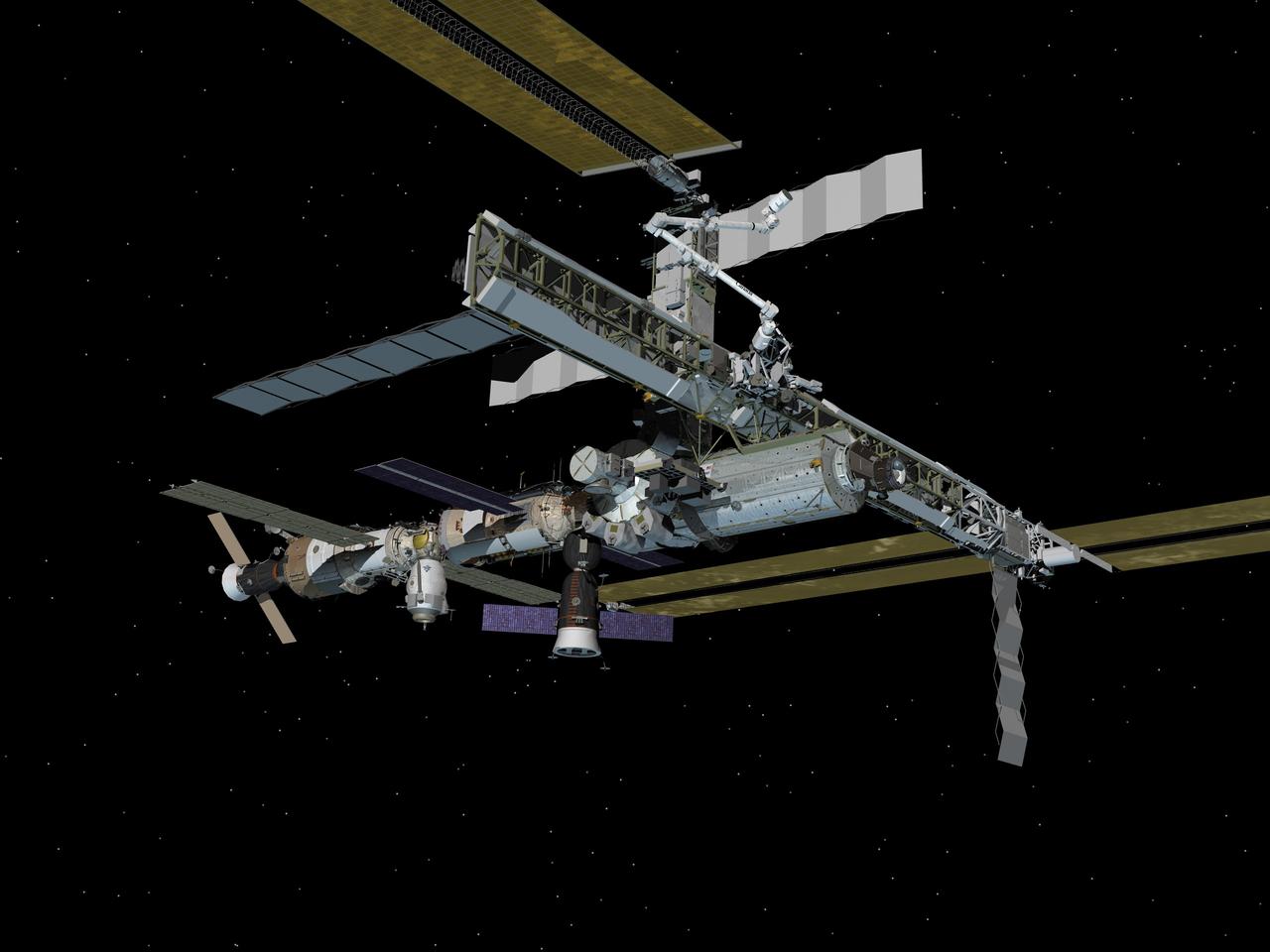 JSC2007-E-02931 (January 2007) --- Computer-generated artist's rendering of the International Space Station following scheduled activities of Jan. 16, 2007. This angle shows the starboard side of the orbiting complex. Progress 22 resupply vehicle undocks from the Pirs Docking Compartment. Progress 23 remains connected to the Zvezda Service Module aft port and Soyuz 13 (TMA-9) remains linked to the Zarya Module nadir port.