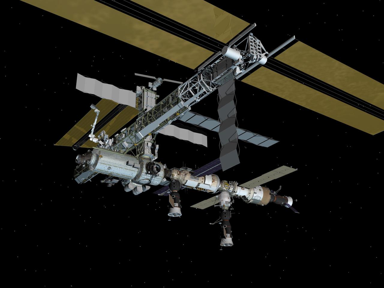 JSC2007-E-02932 (January 2007) --- Computer-generated artist's rendering of the International Space Station following scheduled activities of Jan. 19, 2007. This angle shows the port side of the orbiting complex. Progress 24 resupply vehicle docks to the Pirs Docking Compartment. Progress 23 remains connected to the Zvezda Service Module aft port and Soyuz 13 (TMA-9) remains linked to the Zarya Module nadir port.