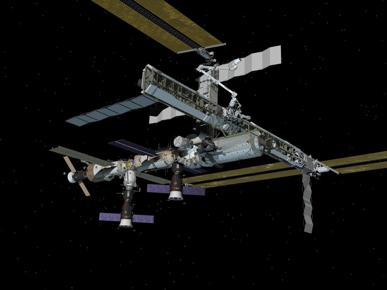 JSC2007-E-02933 (January 2007) --- Computer-generated artist's rendering of the International Space Station following scheduled activities of Jan. 19, 2007. This angle shows the starboard side of the orbiting complex. Progress 24 resupply vehicle docks to the Pirs Docking Compartment. Progress 23 remains connected to the Zvezda Service Module aft port and Soyuz 13 (TMA-9) remains linked to the Zarya Module nadir port.