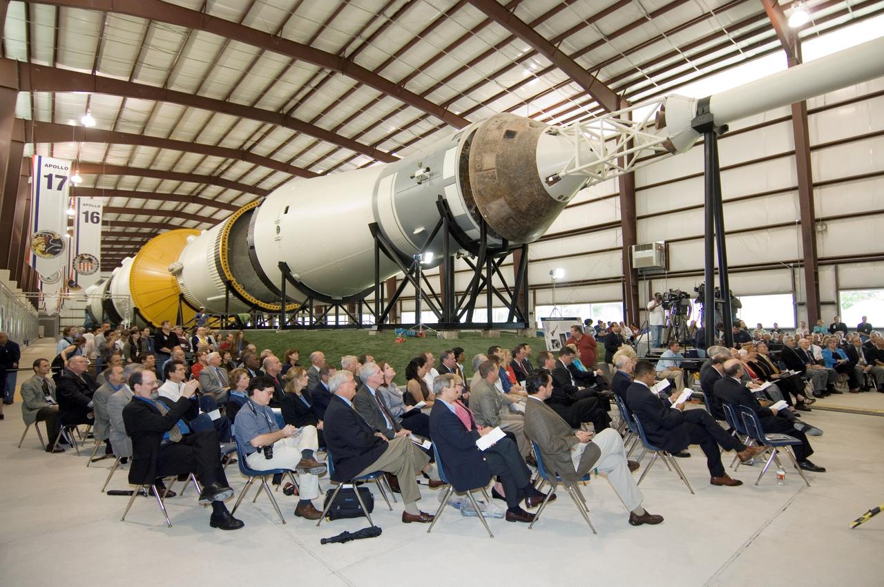 VIP Event including ribbon cutting at the Saturn V Facility.  Overview of visitors.