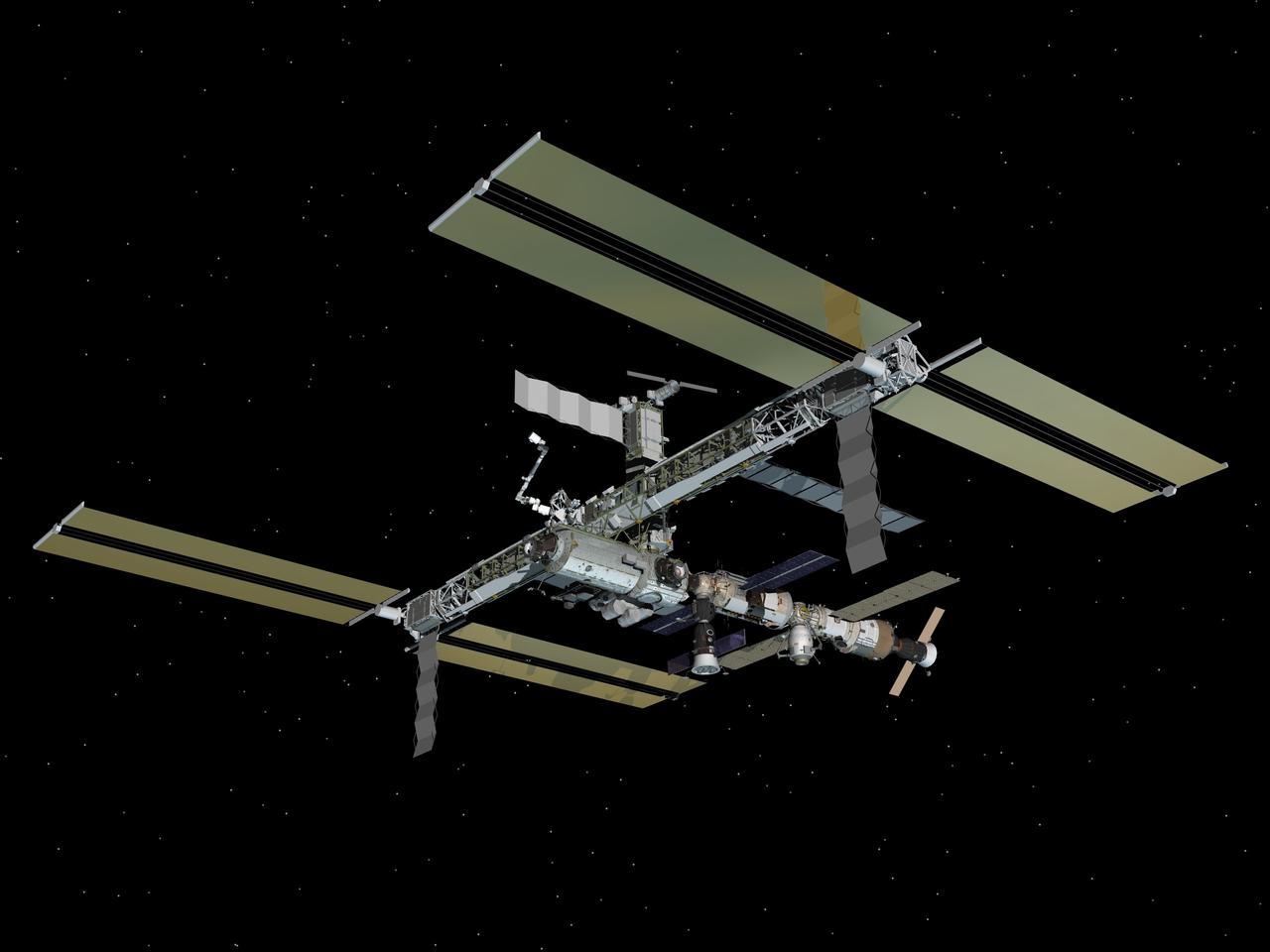JSC2007-E-39133 (August 2007) --- Computer-generated artist's rendering of the International Space Station following scheduled activities of Aug. 1, 2007. This angle shows the port side of the orbiting complex. Progress 24 resupply vehicle undocks from the Pirs Docking Compartment. Progress 25 resupply vehicle remains docked to the Zvezda Service Module aft port and Soyuz 14 (TMA-10) remains linked to the Zarya Module nadir port.