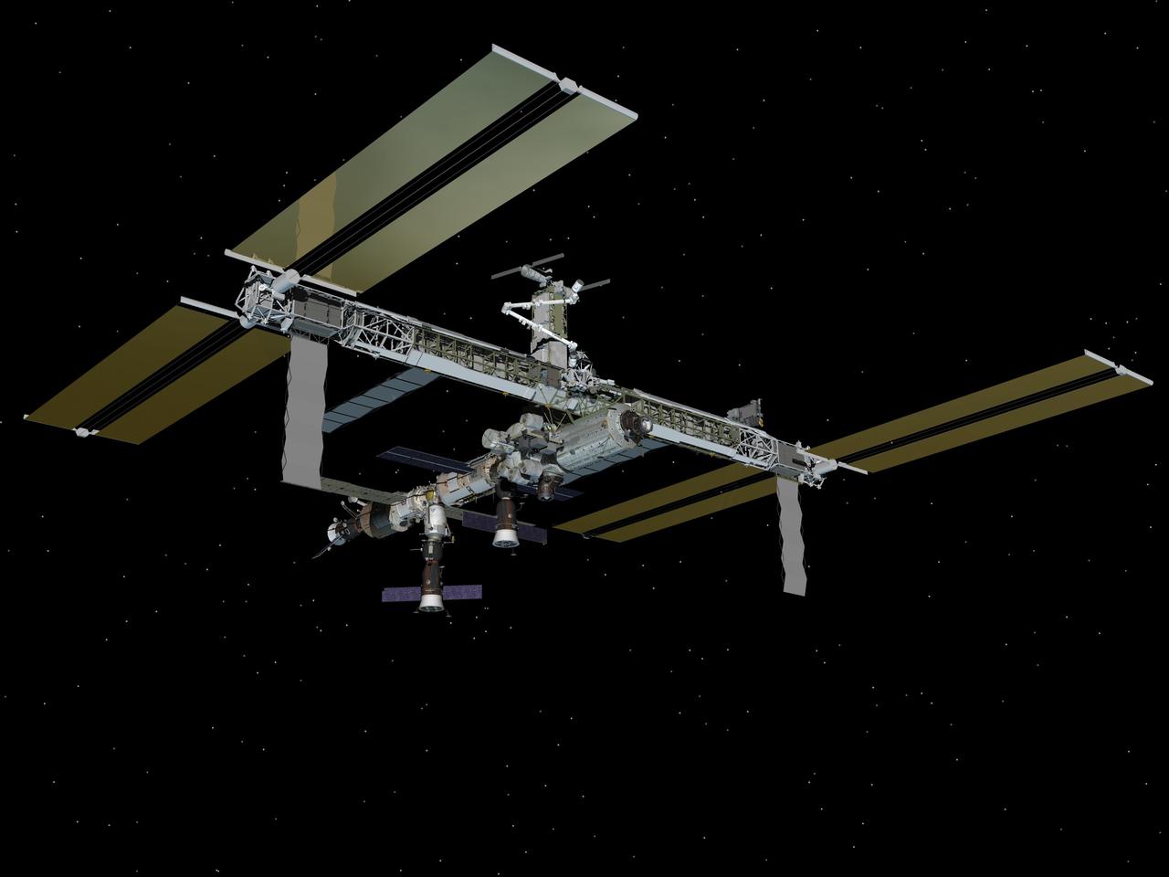 JSC2007-E-44665 (August 2007) --- Computer-generated artist's rendering of the International Space Station as of Aug. 30, 2007. This angle shows the starboard side of the orbiting complex. The Pressurized Mating Adapter-3 (PMA-3) relocates from the Unity node port docking mechanism to its nadir docking mechanism. During the STS-118 mission, the Starboard 5 (S5) truss segment and External Stowage Platform (ESP-3) were added; and the Port 6 (P6) forward radiator was retracted. Progress 26 resupply vehicle remains docked to the Pirs Docking Compartment and Progress 25 resupply vehicle is docked to the Zvezda Service Module aft port. Soyuz 14 (TMA-10) remains linked to the Zarya nadir port.