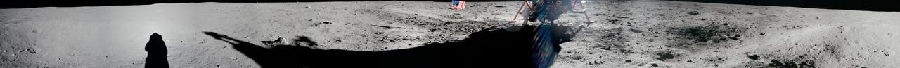 Panoramas of Apollo sites are required to familiarize various Constellation projects with the actual nature of the lunar surface. This image is the first of a multi-framed panorama photographed from a point some 30 or 40 feet west of the plus-Z (west) footpad of the Lunar Module "Eagle." The view is looking toward the southwest showing part of the horizon crater rim that was pointed out as being visible from the Eagle's window. Image taken at Tranquility Base. View was created using Apollo 11 images - mag 40 frames 5881 thru 5891. 