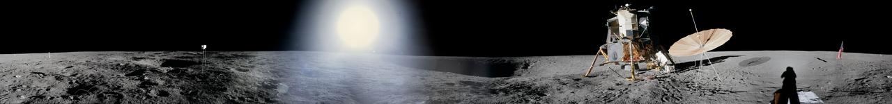 Panoramas of Apollo sites were created to familiarize various Constellation projects with the actual nature of the lunar surface. Image is a view taken from northeast of the Lunar module (LM) looking west at panel and Flag, then to southwest at LM and counterclockwise to south and west looking into Surveyor Crater. View was created using Apollo 12 images - mag 47 frames 6982 thru 7006. 