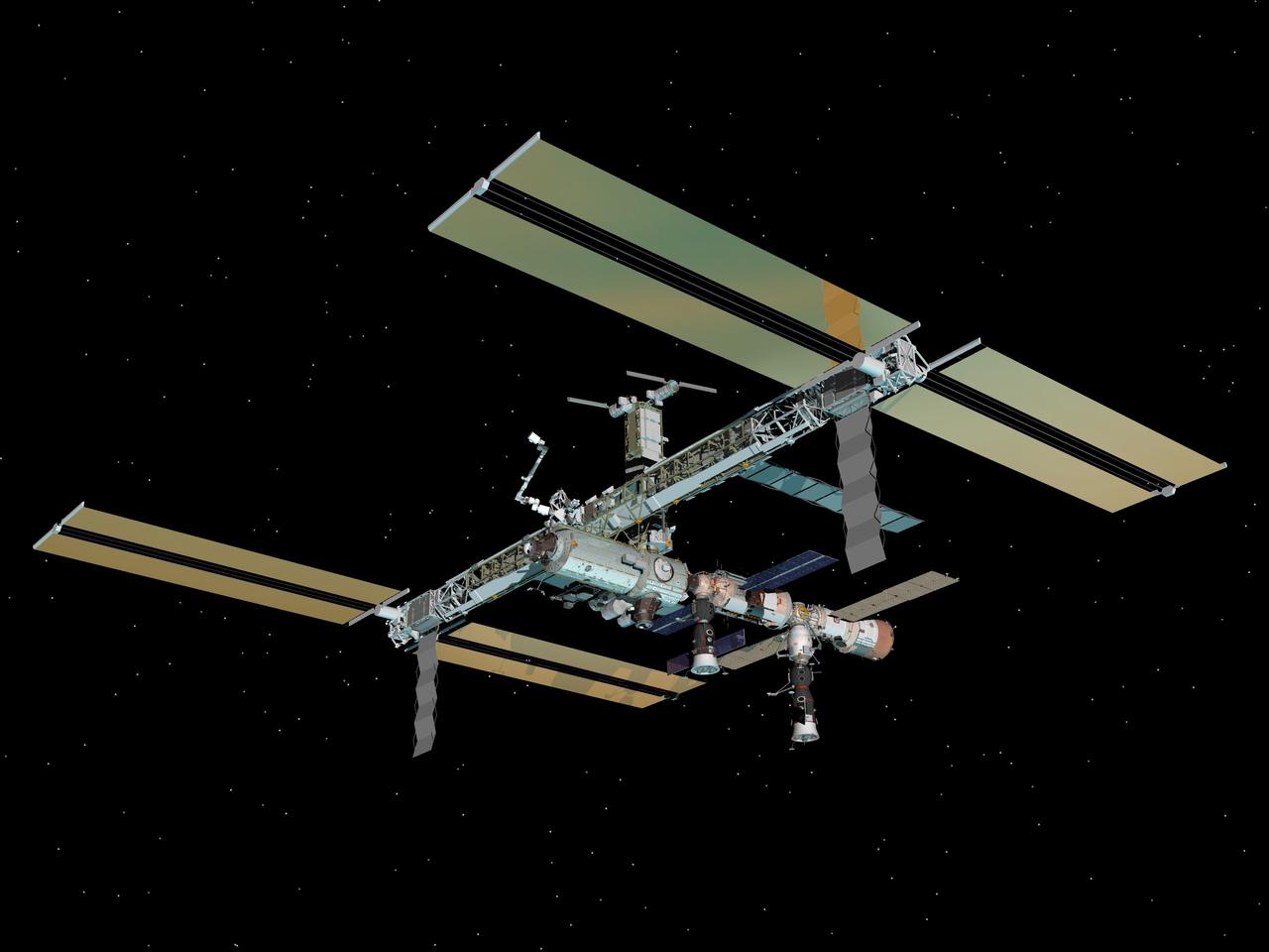 JSC2007-E-45918 (September 2007) --- Computer-generated artist's rendering of the International Space Station as of Sept. 18, 2007. This angle shows the port side of the orbiting complex. Progress 25 resupply vehicle undocks from the Zvezda Service Module aft port. Progress 26 resupply vehicle remains docked to the Pirs Docking Compartment and Soyuz 14 (TMA-10) spacecraft remains linked to the Zarya nadir port.
