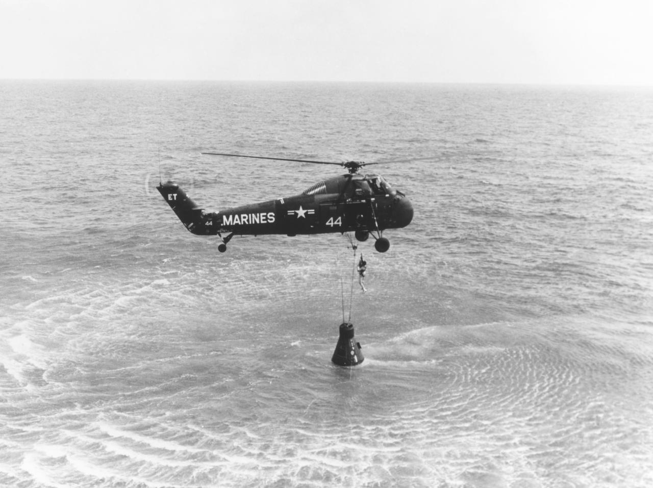 JSC2007-E-046478 (5 May 1961) --- Astronaut Alan B. Shepard Jr. is rescued by a U.S. Marine helicopter at the termination of his suborbital flight May 5, 1961, down range from the Florida eastern coast. Original photo number was 61-MR3-76A. Photo credit: NASA or National Aeronautics and Space Administration
