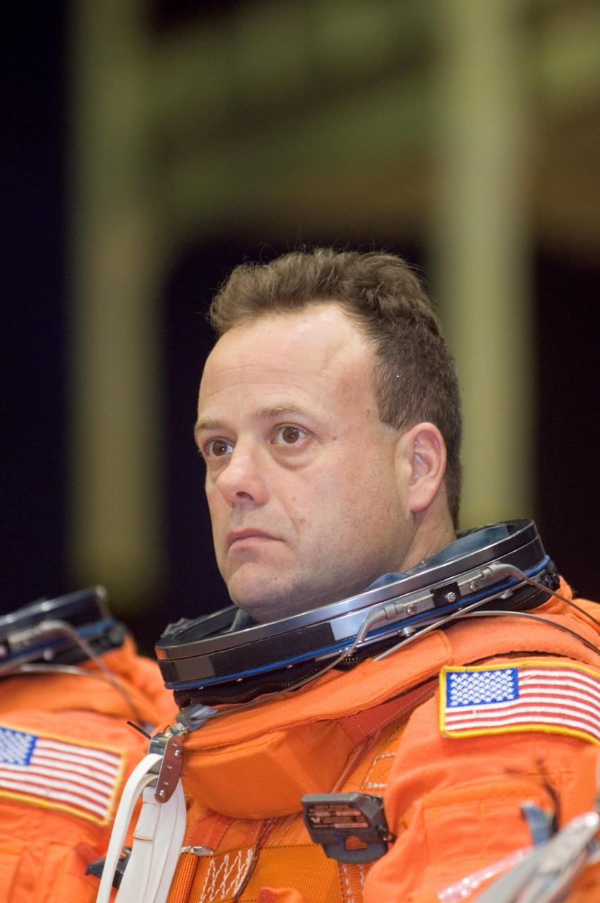 JSC2007-E-48235 (28 Sept. 2007) --- Attired in a training version of his shuttle launch and entry suit, astronaut Ronald J. Garan, STS-124 mission specialist, awaits the start of a training session in the Space Vehicle Mockup Facility at Johnson Space Center.