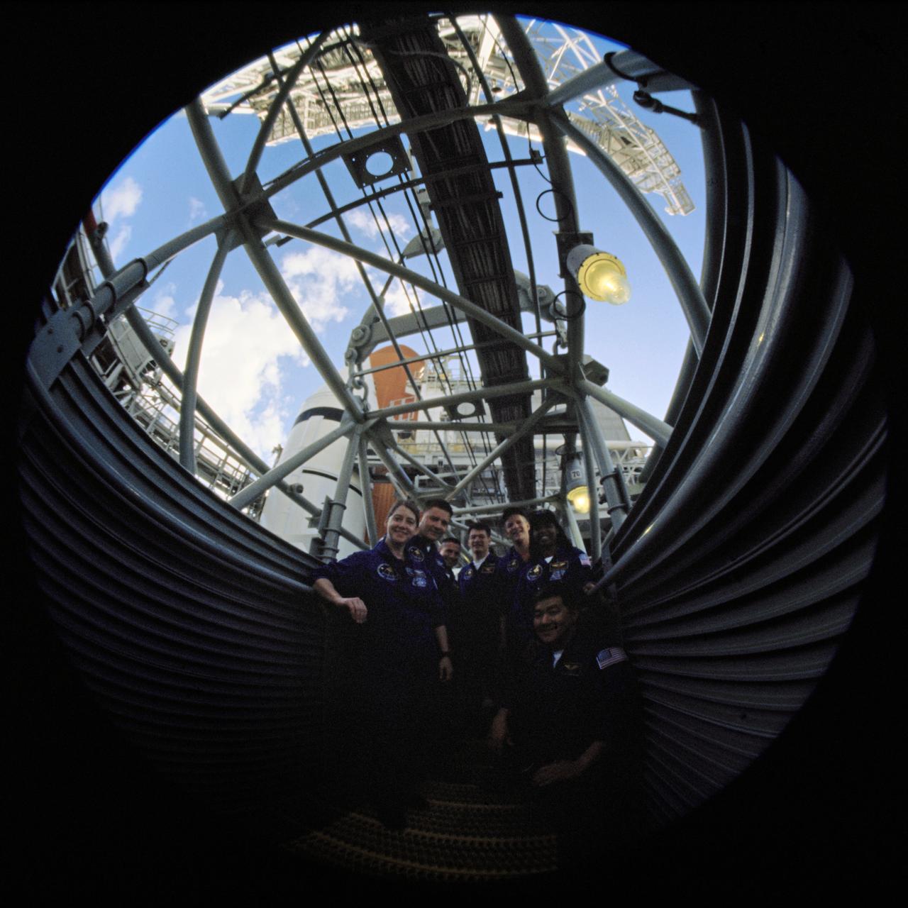 JSC2007-E-53781 (8-10 Oct. 2007) --- A photographer used a fish-eye lens attached to an electronic still camera to record a series of photos of the Space Shuttle Discovery at the launch pad while the STS-120 crew was at Kennedy Space Center for the Terminal Countdown Demonstration Test in October 2007.