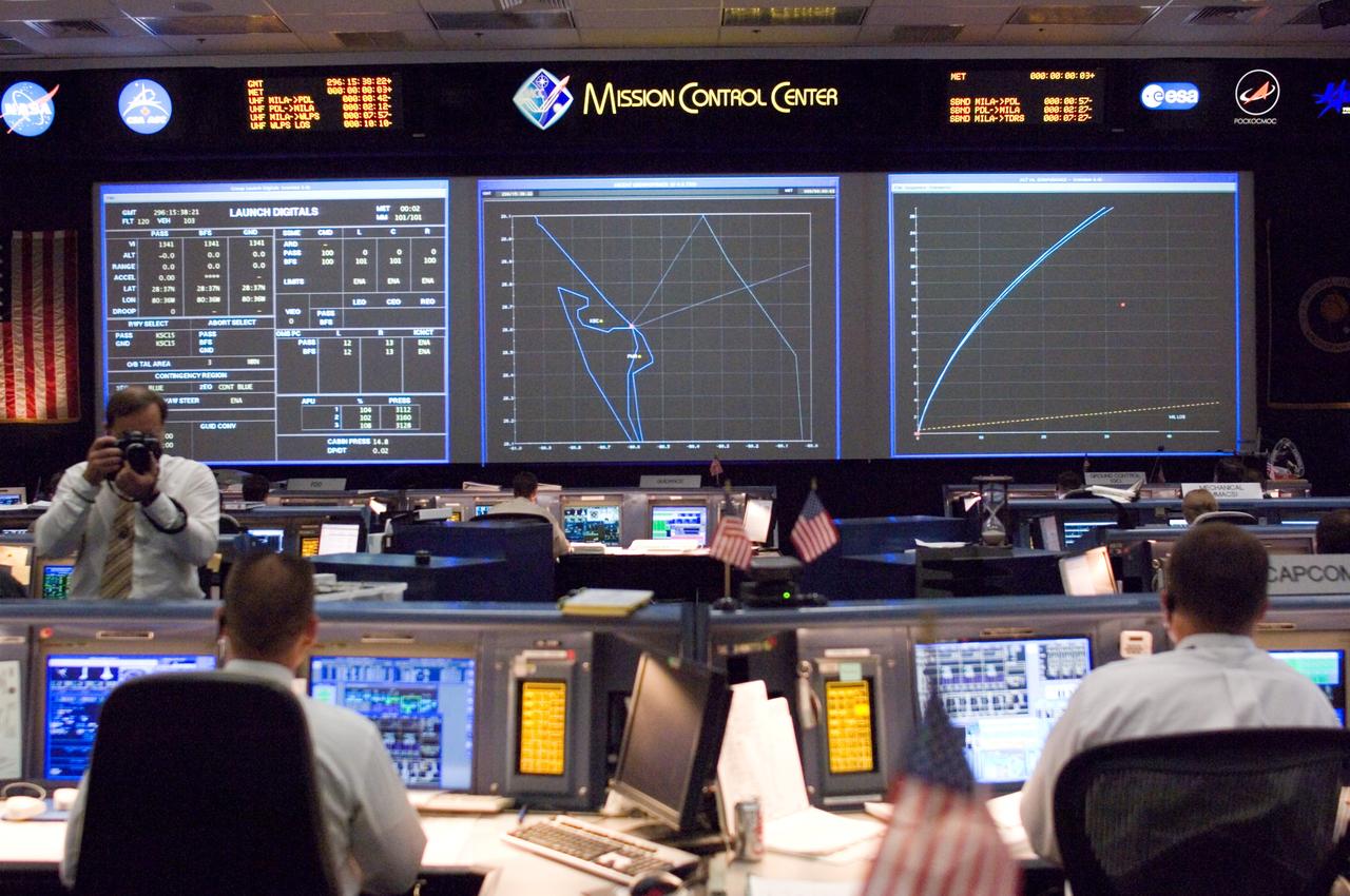 JSC2007-E-053912 (23 Oct. 2007) --- Overall view of the space shuttle flight control room of Johnson Space Center's Mission Control Center (MCC) following the launch of Space Shuttle Discovery for the STS-120 mission. Liftoff occurred at 11:38 a.m. (EDT) on Oct. 23, 2007 from launch pad 39A at Kennedy Space Center.