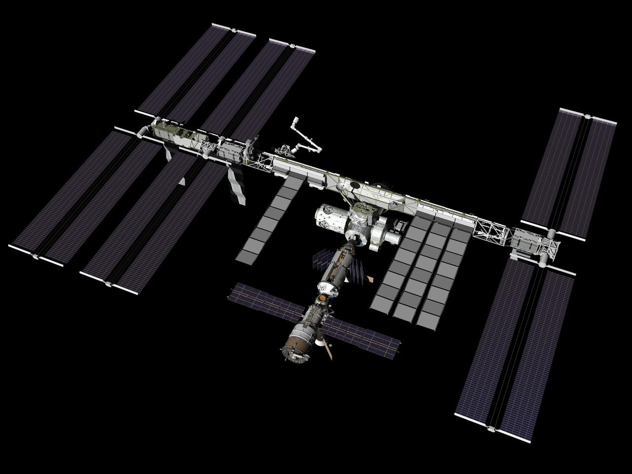 JSC2007-E-093440 (October 2007) --- Computer-generated artist's rendering of the International Space Station as of Oct. 30, 2007 during the STS-120/10A mission. Harmony node is attached to the port side of the Unity node. Starboard TCS radiators are fully deployed. P6 truss segment is relocated to the end of the P5 segment and the P6 solar arrays and radiator are deployed.
