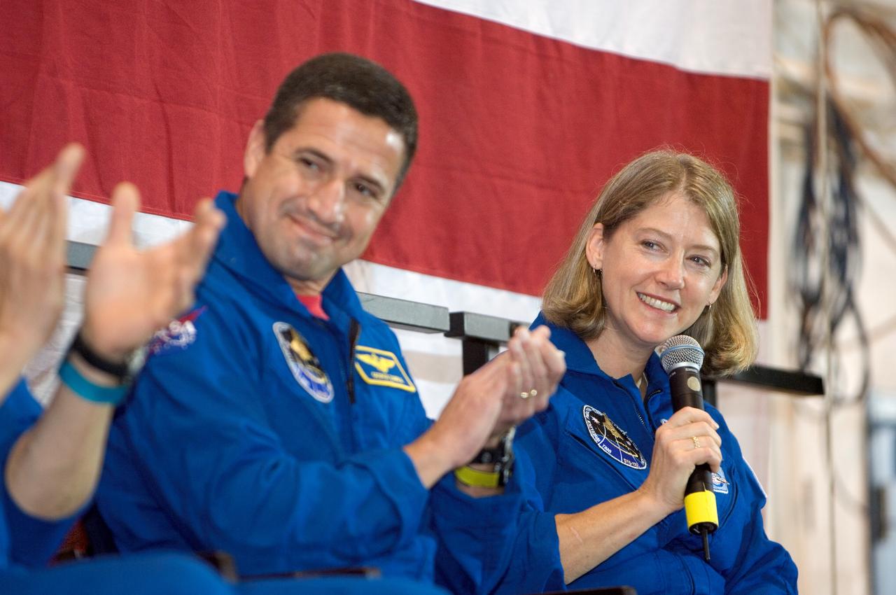 JSC2007-E-098004 (8 Nov. 2007)  --- The crew of the STS-120 mission was welcomed home to Houston  Nov. 8, following the landing of Space Shuttle Discovery in Florida on  Nov. 7.  STS-120 commander Pam Melroy, and pilot George Zamka (both pictured) along with mission specialists Scott Parazynski, Stephanie Wilson, Doug Wheelock, Paolo Nespoli (ESA) and Clay Anderson (all out of frame) were welcomed by family and friends during a ceremony at Houston's Ellington Field.