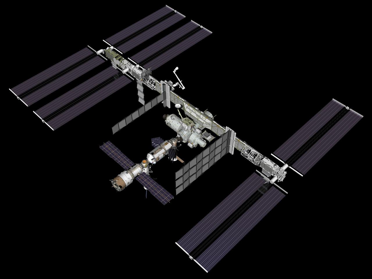 JSC2007-E-099881 (November 2007) --- Computer-generated artist's rendering of the 10A stage configuration of the International Space Station as of Nov. 12, 2007. Pressurized Mating Adapter (PMA-2) is relocated from the front of the Destiny laboratory to the port side of the Harmony node.