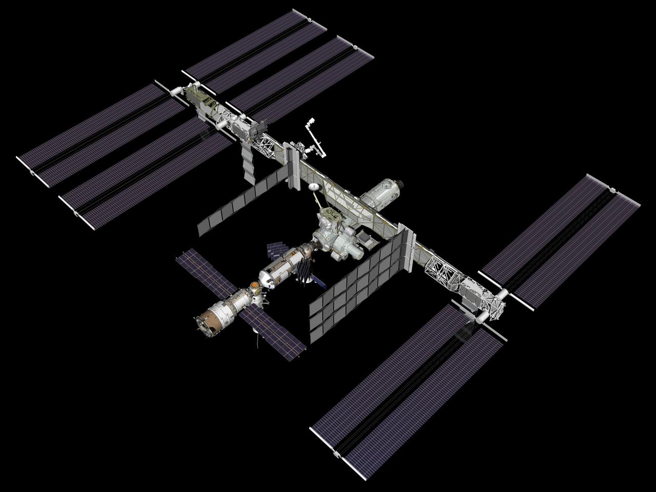 JSC2007-E-099882 (November 2007) --- Computer-generated artist's rendering of the 10A stage configuration of the International Space Station as of Nov. 14, 2007. The Harmony node with Pressurized Mating Adapter (PMA-2) attached is relocated to the front of the Destiny laboratory.