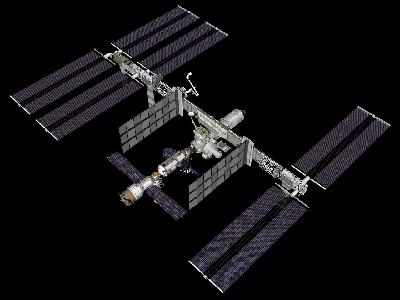 JSC2007-E-099883 (November 2007) --- Computer-generated artist's rendering of the 10A stage configuration of the International Space Station as of Nov. 15, 2007. The port side Thermal Control System radiators are fully deployed.