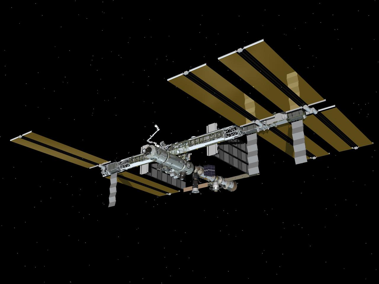 JSC2007-E-113506 (December 2007) --- Computer-generated artist's rendering of the International Space Station as of Dec. 22, 2007. Progress 26 resupply vehicle undocks from the Pirs Docking Compartment. Soyuz 15 (TMA-11) remains docked to the Zarya nadir port.