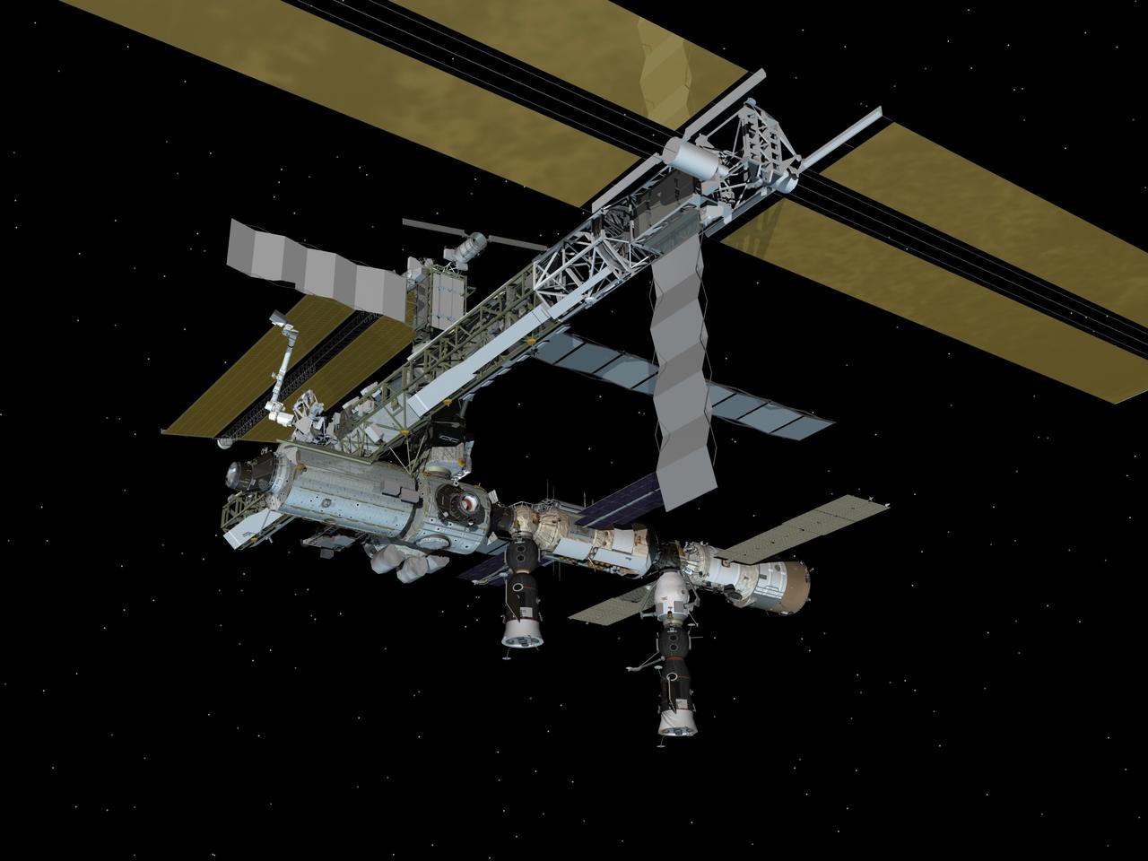 JSC2007-E-15239 (March 2007) --- Computer-generated artist's rendering of the International Space Station following scheduled activities of March 27, 2007. This angle shows the port side of the orbiting complex. Progress 23 resupply vehicle undocks from the Zvezda Service Module aft port. Progress 24 resupply vehicle remains docked to the Pirs Docking Compartment and Soyuz 13 (TMA-9) remains linked to the Zarya Module nadir port.