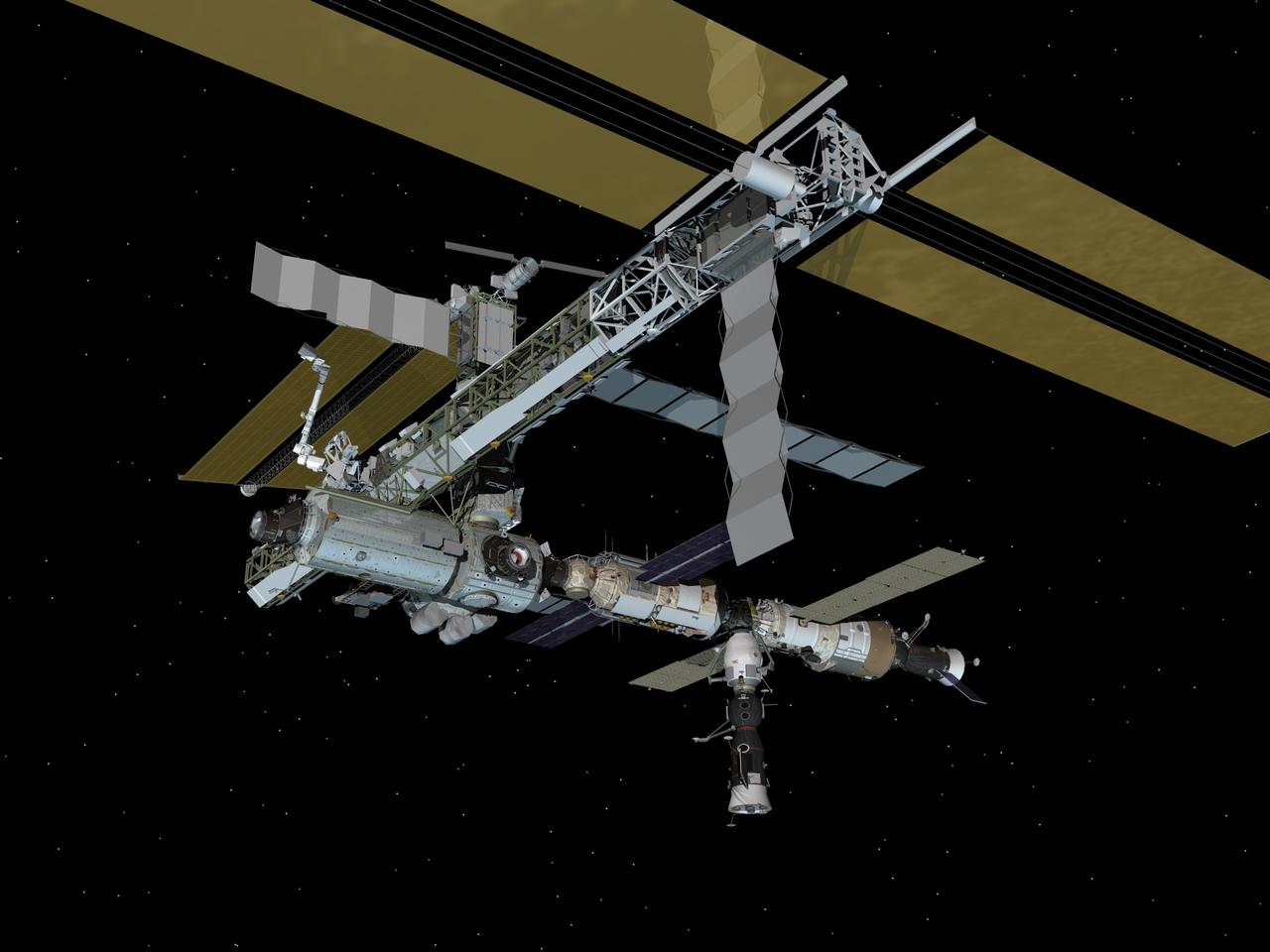 JSC2007-E-15240 (March 2007) --- Computer-generated artist's rendering of the International Space Station following scheduled activities of March 29, 2007. This angle shows the port side of the orbiting complex. Soyuz 13 (TMA-9) undocks from the Zarya Module nadir port and relocates to the Zvezda Service Module aft port. Progress 24 resupply vehicle remains linked to the Pirs Docking Compartment.