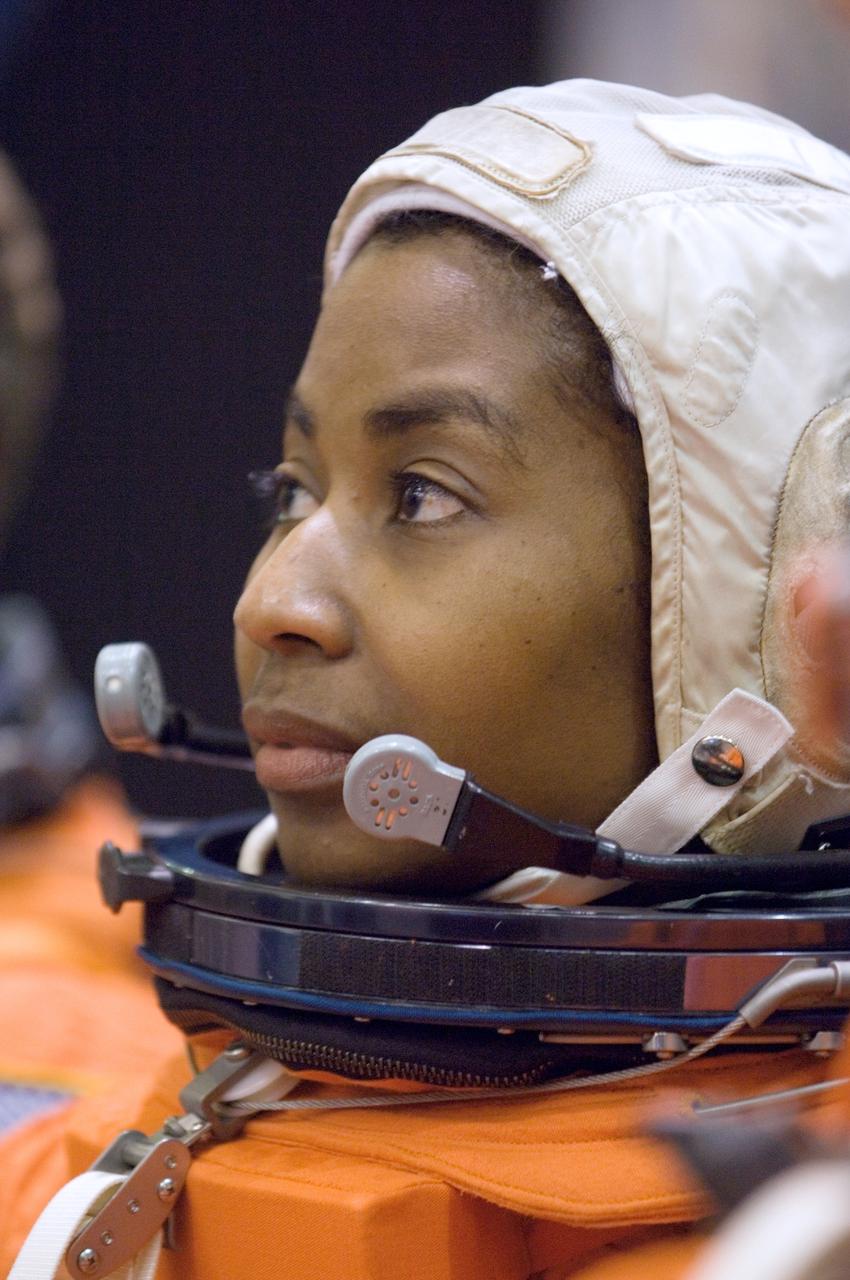 JSC2007-E-18094 (9 April 2007) --- Attired in a training version of her shuttle launch and entry suit, astronaut Stephanie D. Wilson, STS-120 mission specialist, awaits the start of a training session in the Space Vehicle Mockup Facility at Johnson Space Center.