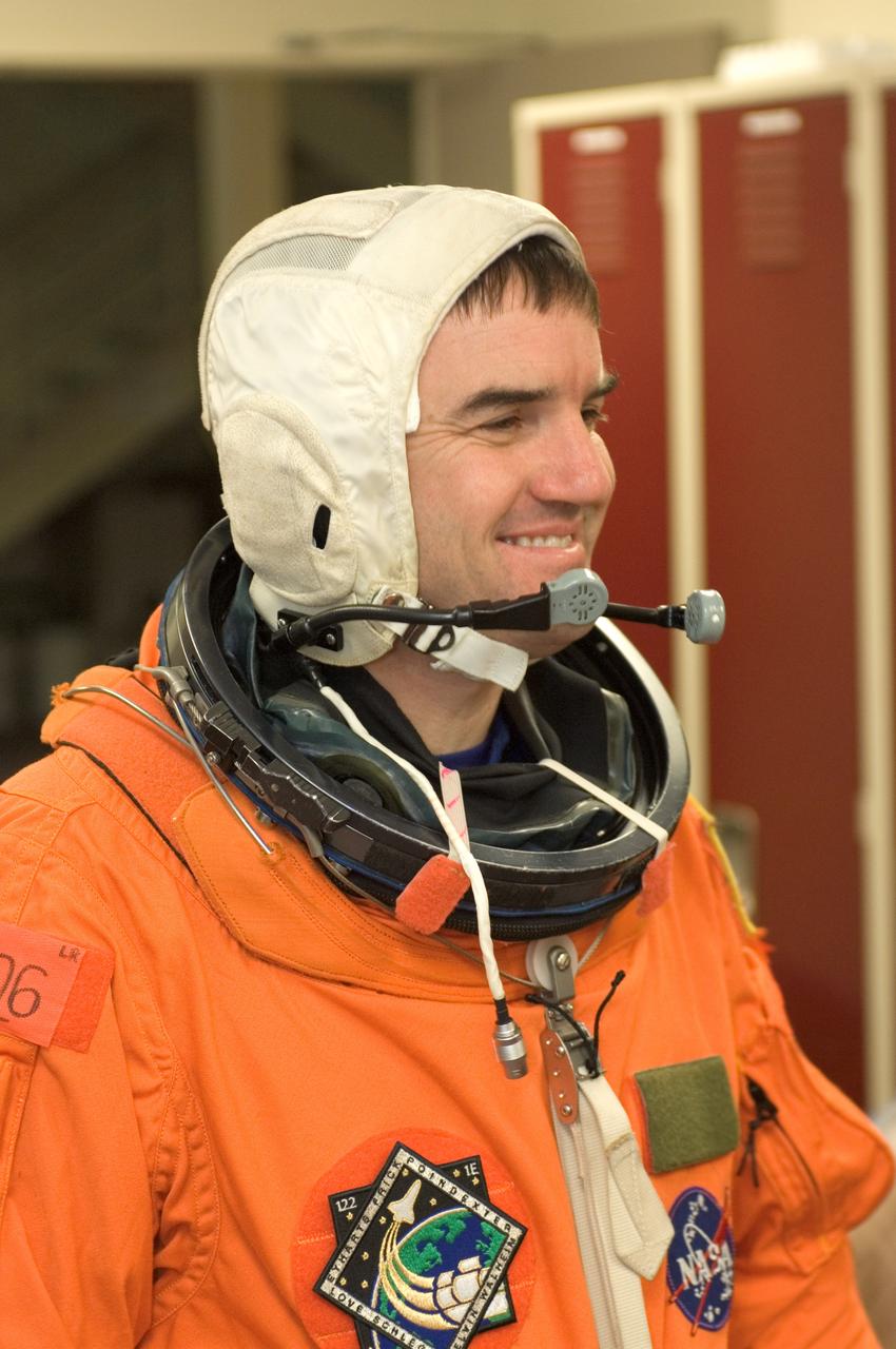 JSC2007-E-21172 (1 May 2007) --- Astronaut Rex J. Walheim, STS-122 mission specialist, attired in a training version of his shuttle launch and entry suit, awaits the start of an emergency egress training session in the Space Vehicle Mockup Facility at Johnson Space Center.